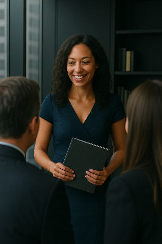 Female Credit Counselor Greeting Credit Clients In Credit Solutions Office